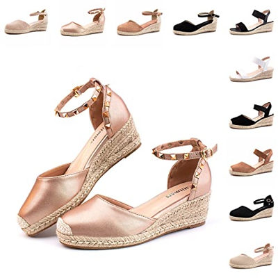 Alpargatas Mujer Cuña Sandalias Esparto Mujer Plataforma Correa de Tobillo Zapatos Cuña 6 CM 5 Champán Talla 39 EU