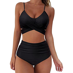 Jarseila Traje de Baño de Mujer 2 Piezas Crossover Conjuntos de Bikinis Mujer con Relleno Push Up Tops Bikini Cintura Alta Ropa de Baño 2022, Negro, X en oferta