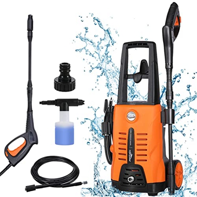 TOPSHAK TS-HPW1 Hidrolimpiadora de Alta presión 1500W, 120Bar, 360 L/H, Manguera 5 m, Ruedas Flexibles, Depósito Detergente 400 ml, para Limpieza de T
