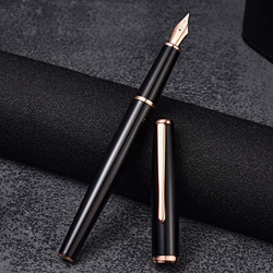 Hongdian 920 - Pluma estilográfica de metal negro, chapado en oro rosa, punta media, bolígrafo clásico con convertidor de tinta características