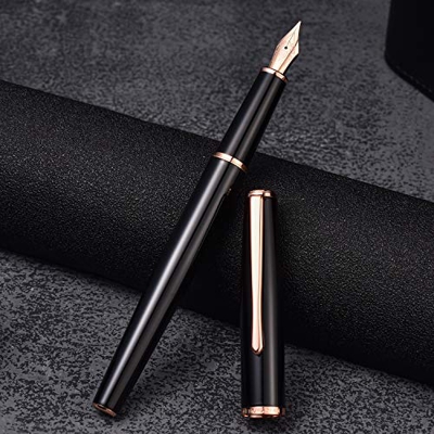 Hongdian 920 - Pluma estilográfica de metal negro, chapado en oro rosa, punta media, bolígrafo clásico con convertidor de tinta