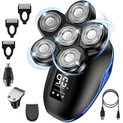 Afeitadoras de cabeza para hombres, afeitadora de cabeza calva 4 en 1 sin cables, IPX6 impermeable, kit de aseo rotativo seco y húmedo con cortaparras