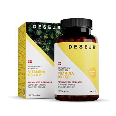 DESEJR Cápsulas de Vitamina D3 + K2 1.000 U.I. (Suministro para 6 meses), Favorece el Funcionamiento Normal del Sistema Inmunológico, Mantiene Huesos,