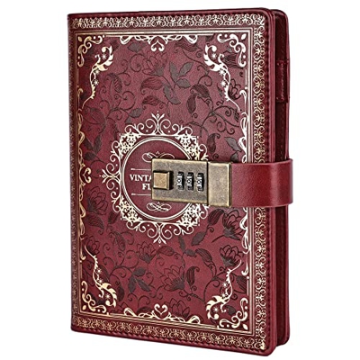 Cuaderno de cuero vintage con cerradura de combinación, B6 con estampado de flores secretas con rayas para escribir, regalo para mujeres, niñas y niño