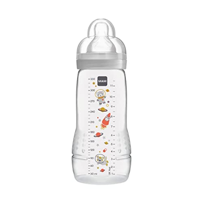 MAM Botella Easy Active (330 ml), botella de agua para bebé, incluye tetina MAM tamaño 2 de silicona SkinSoft y botella de leche con forma ergonómica,