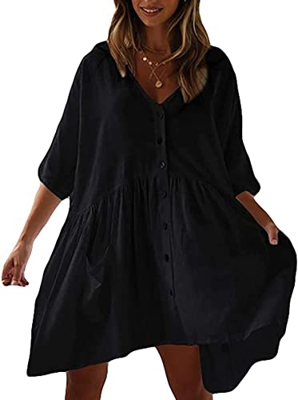 HYUET Mujer Vestido Corto de Playa Mujer Algodón Pareos y Camisola de Playa Sexy Verano Túnica Ropa Traje de Baño Bikini Cover Up Color Sólido Blusa T