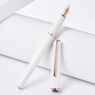 Hongdian 920 - Pluma estilográfica blanca, chapado en oro rosa, punta media, punta lisa, bolígrafo clásico con convertidor de tinta