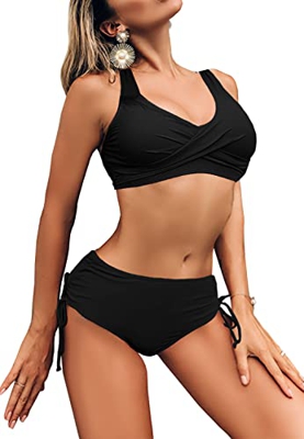 Bañadores Mujer Trajes de Baño de Dos Piezas Bikini Brasileño Mujer Cintura Alta Bikini 2 Pieza Talle Alto Correas Laterales Cuello V Push Up (Negro, 
