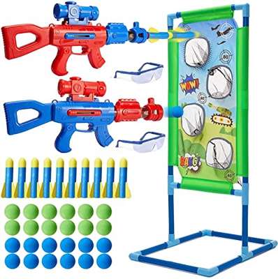 RIVIAX 2 Pistolas de Juguete para Niños + 24 Pelotas/Bolas y 10 Cohetes Espuma Blanda + 1 Objetivo de Disparo + 2 Gafas Seguridad, Blaster Lanzador Ju