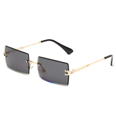 Long Keeper Gafas de sol rectangulares sin montura UV400 Gafas cuadradas sin marco de moda antideslumbrante para mujer (Gris dorado)