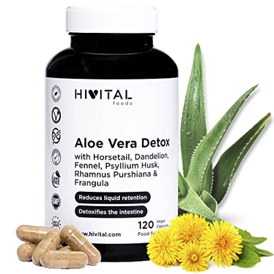 Aloe Vera Detox. 120 cápsulas veganas para 4 meses. Con Cáscara Sagrada, Frángula, Cola de Caballo y Diente de León. Diurético y laxante natural que e