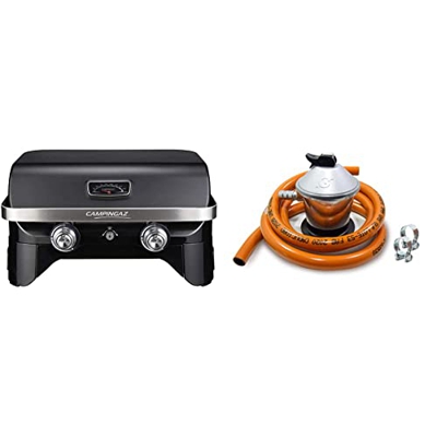 Campingaz Attitude 2100 LX barbacoa de mesa portátil a gas, 5 kW de potencia, barbacoa de gas para camping con tapa + Regulador gas butano + tubo goma
