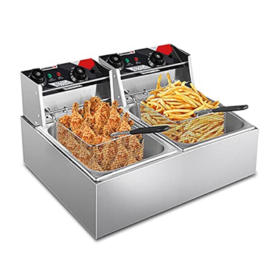 Freidora Eléctrica Comercial Tanque Doble 2X10.8L 2.5Kw Mesa De Acero Inoxidable con Temporizador Ajustable Y Control De Temperatura para Catering Res