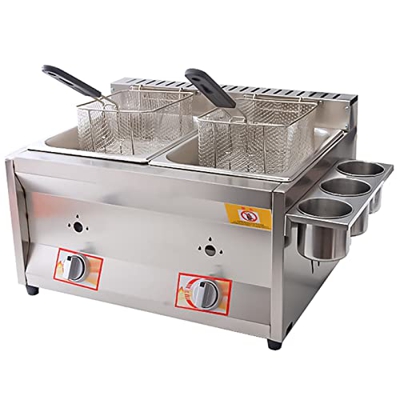 ZYFC Freidora de Gas Comercial, Freidora Profunda de Acero Inoxidable con 2 Cestas, 2 Tapas y Caja de Condimentos Colgante, para Cocina Casera y Resta