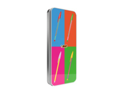 BIC Cristal - Juego de bolígrafos de tinta de colores Pop Art Limited Edition, paquete de metal reutilizable características