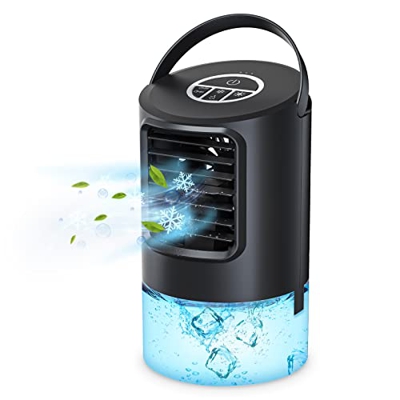 DOCOO Aire Acondicionado Portátil, 4 en 1 Mini Enfriador de Aire, Humidificador y Purificador con Luces de 7 Colores, 3 Velocidades de Viento y Funció