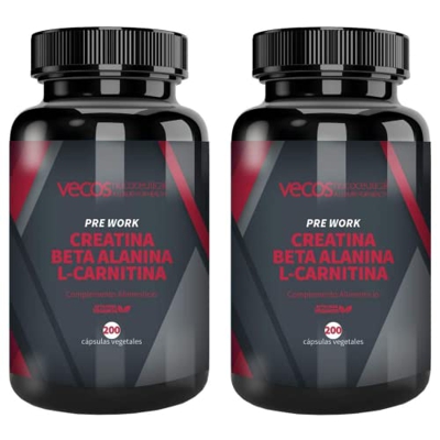Vecos | Pre Entreno con Creatina, Beta Alanina y L-Carnitina | 2x200 Cápsulas Vegetales | Contribuye a Aumentar la Masa Muscular y la Fuerza | Aporta 