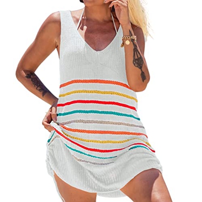 Vestido de Playa Verano Corto para Mujer Suelto Ropa de Playa Bohemio Pareos Playa Traje de Baño Vestido Elegante Crochet Camisolas Playa Borla Bikini