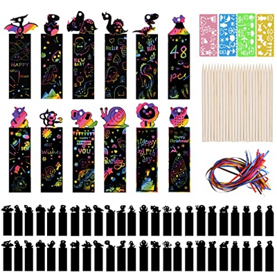 Vicloon Papel de Rascar, 48pcs Papel de Rascar Negro, Cuerdas de Colores, 24 Lápices de Madera, 4 Plantilla de Pintura, Marcapginas para Rascar, Diseñ