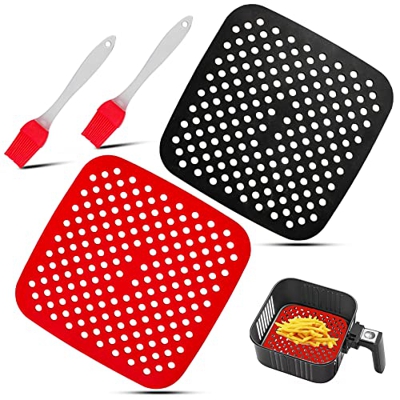 2 Piezas Almohadilla de Freidora de Aire Y 2 Pinceles de Aceitepara, Cuadrado 8.5 inch Antiadherentes Almohadillas de Silicona para Air Fryer Liner, A