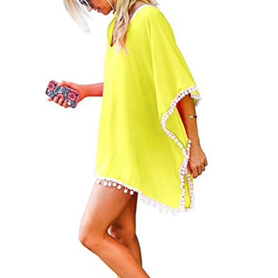 JMITHA Mujer Trajes de Baño Encubrimientos Ropa Vestido de Playa Borla Verano Camisolas Verano Vacaciones Cover Up (One Size(XS-2XL), Amarillo(Solid P