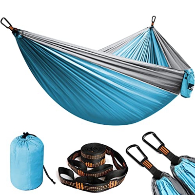 NatureFun Hamaca Ultra Ligera para Viaje y Camping | Transpirable, Nylon de Paracaídas de Secado Rápido | 2 x Mosquetones Premium, 2 x Correas de Nylo