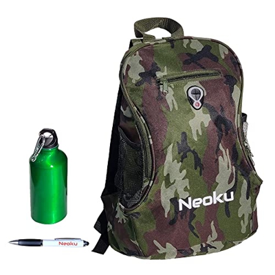 NEOKU Mochila Casual Mujer y Hombre 20L con Botella Aluminio de 400 ml de Color Verde y Boligrafo con Lapiz tactil - Mochila Pequeña / Mediana para ll