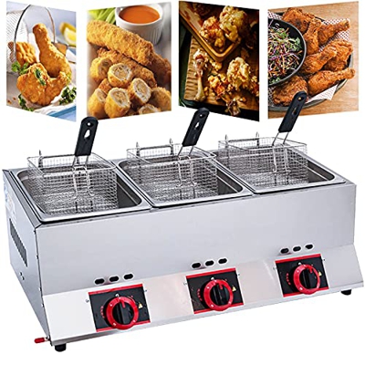 Freidora De Gas, Freidora Profesional Comercial, Freidora Doble De Gran Capacidad De 33 L, con Cestas Y Tapa Extraíbles, Potencia De Fuego Ajustable, 
