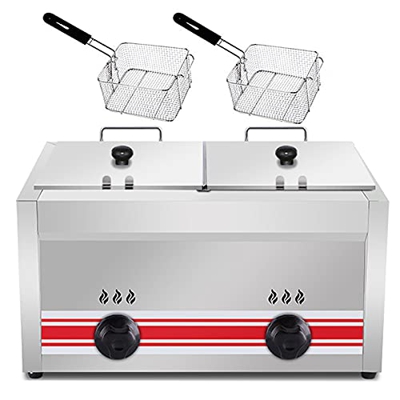 Freidora de Gas LPG de 20 l, Potencia de Fuego Ajustable, Control de Temperatura Independiente, con 2 cestas de freír de Acero Inoxidable, freidora de