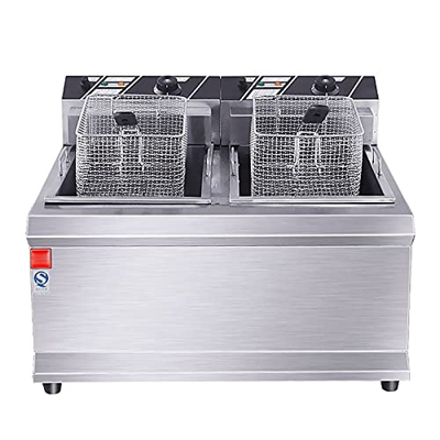 Freidora Comercial Doble 12.5L Freidora eléctrica con Sistema de Filtro de Aceite con Control de Temperatura de Grasa Cesta de Acero Inoxidable extraí