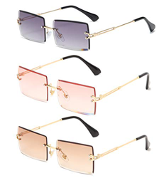 Long Keeper Gafas de sol rectangulares sin montura UV400 Gafas cuadradas sin marco de moda antideslumbrante para mujer (Gris Clair+Marron+Rose) en oferta