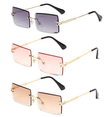 Long Keeper Gafas de sol rectangulares sin montura UV400 Gafas cuadradas sin marco de moda antideslumbrante para mujer (Gris Clair+Marron+Rose)