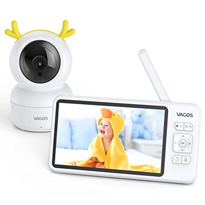Vigilabebés Cámara, Vacos 5'' LCD Camara vigilancia Bebe Monitor Inalámbrico de Vídeo con 355° Pan 55° Inclinación Audio bidireccional Detección de te