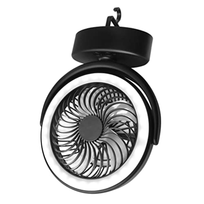 Hilai Ventilador de Carpas Ligera de 3000 mAh Ventilador de Campamento con Linterna LED Hook sobre Black Desk Ban