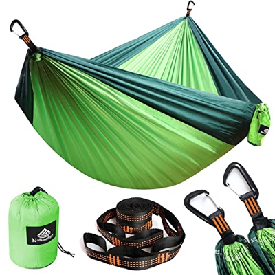 NatureFun Hamaca Ultra Ligera para Viaje y Camping | Transpirable, Nylon de Paracaídas de Secado Rápido | 2 x Mosquetones Premium, 2 x Correas de Nylo