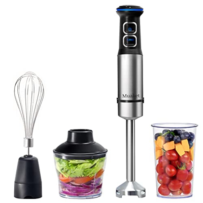 Muaket Batidora, 1200W Batidora de Mano, 4 in 1 Minipimer, 21 Velocidades Batidora Picadora, 4 Hojas de Acero Inoxidable, incluye Vaso Medidor 800 ml,