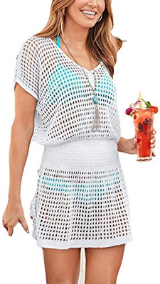 JFAN Ropa de Playa Hueca para Mujeres Bikini para Cubrir la Ropa de baño de la Playa Vestidos de Vacaciones de Verano(Blanco)