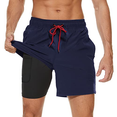Arcweg Bañador para Hombre con Forro de Compresión 2 en 1 de Secado Rápido con Forro Corto Elástico para la Playa con Bolsillos con Cremallera Azul Ma