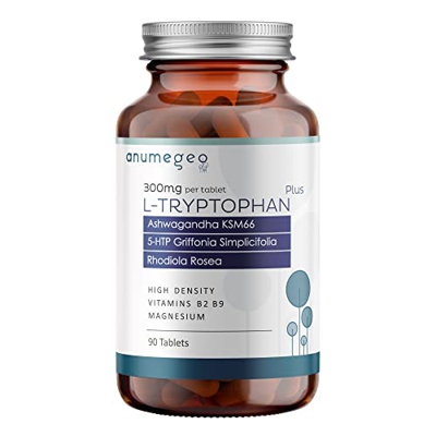 Anumegeo Triptófano Forte Natural con Ashwagandha KSM66 + Magnesio, 5HTP, Rhodolia Rosea + Vit B2 y B9 | Sueño, Energía, Concentración, Estrés | 90 Co