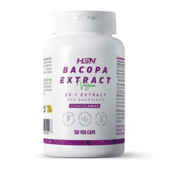 Bacopa Monnieri de HSN | 120 Cápsulas Vegetales 12500 mg Equivalencia (Extracto 500 mg y 30% Bacósidos) | 25x Veces Más Concentrado | No-GMO, Vegano,  características