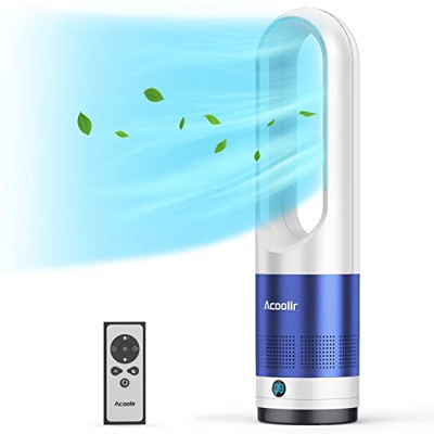 Ventilador de Torre, Ventilador de Pie sin Aspas Seguridad con Control Remoto, 8 Velocidades, Temporizador 8H, Oscilación 80°, Pantalla LED, Ventilado