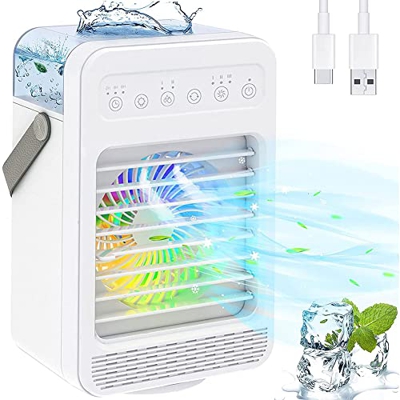 AECBUY Mini Acondicionador De Aire para Refrigerador De Aire 120 ° Rotando 4 En 1 Enfriador De Aire, Ventilador con Humidificador Enfriado por Agua Y 