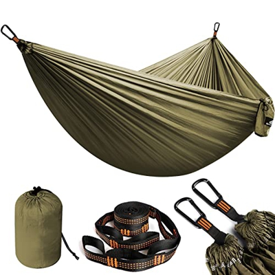 NatureFun Hamaca Ultra Ligera para Viaje y Camping | Transpirable, Nylon de Paracaídas de Secado Rápido | 2 x Mosquetones Premium, 2 x Correas de Nylo
