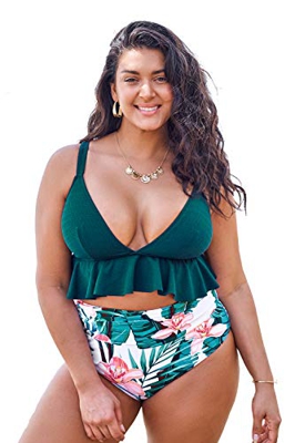 CuPSHE Bikini de talle alto verde y floral con volantes de talla grande para mujer - Multicolor - 3X ( 52 ES/54 ES)