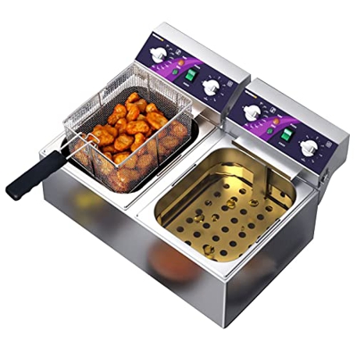 YLWJ Freidora Comercial freidora eléctrica de Acero Inoxidable Doble Tanque con función de Control de Tiempo y Temperatura, fácil Limpieza