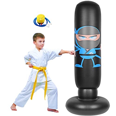 FOYOCER Saco de Boxeo Hinchable de Niños Saco de Arena Inflable de Pie para Practicar Karate MMA Bolsa de Boxeo Fitness para Nniños 61” (Ninja Negro)
