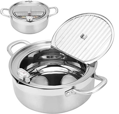 Cakunmik Freing Pot de Acero Inoxidable Tempura Freidora 20 cm / 24 cm Pot de Tostado con Tapa de Tapa de Goteo de termómetro y Aceite para Papas Frit
