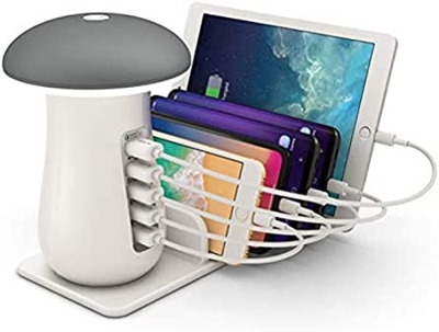 Desk Lamp with USB Charging Port, Multifunction Mobile Phone Stand, Charging Base, Adjustable Brightness, LED Night Light, USB Charger Mushroom LED La