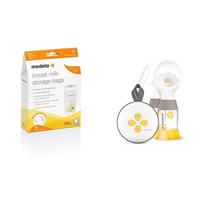 Medela pack de bolsas de almacenamiento de leche materna de 180 ml - Paquete de 25 bolsas de recogida de leche materna + Medela Extractor de leche elé