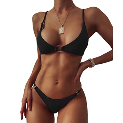 CheChury Mujeres Triángulo Bikinis Verano 2022 Sexy Cuello en V Profundo Color Sólido Bikini Brasileño Acolchados Tops con Anillo y Thong de Corte Alt